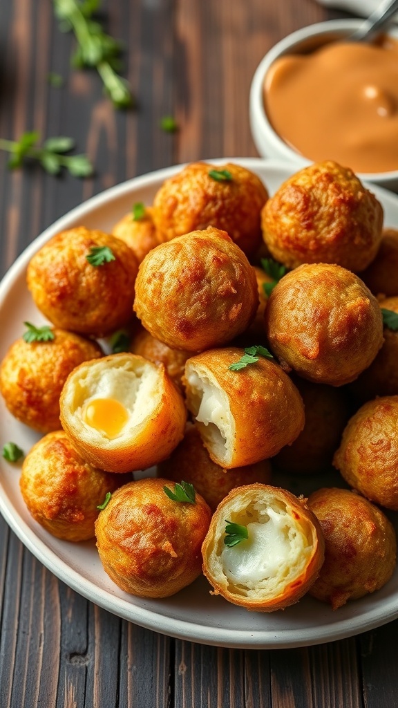 Crispy mashed potato balls on a plate, garnished with herbs, served with dipping sauce.